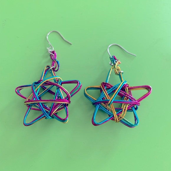 Jewelry - Wire Star 3D Earrings Colorful Wearable Art Dangle Artsy Whimsical